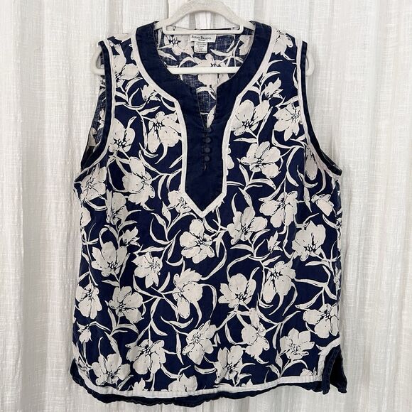 Susan Bristol 100% Linen Navy Blue White Floral Lightweight Flowy Blouse Plus 2X - Picture 1 of 8